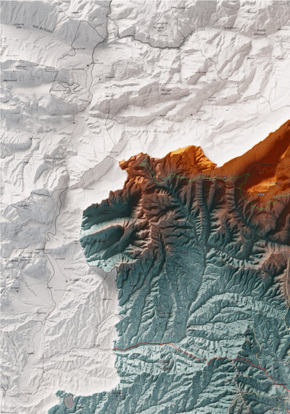 Mapa de relieve del Solsonès, con el territorio en color y el entorno en blanco. Detalle de la zona superior izquierda. 70 × 100 cm. Estilo Azul y naranja.