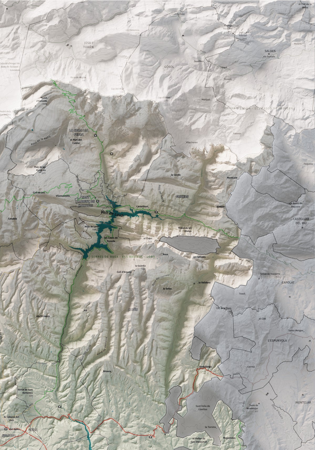 Mapa de relieve del Solsonès, con el territorio en color y el entorno en blanco. Detalle de la zona superior derecha. 70 × 100 cm. Estilo Cartográfico.