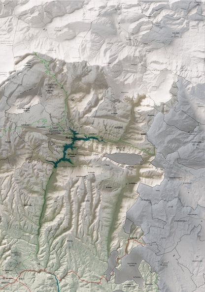 Mapa de relieve del Solsonès, con el territorio en color y el entorno en blanco. Detalle de la zona superior derecha. 70 × 100 cm. Estilo Cartográfico.
