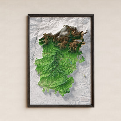 Mapa de relieve del Solsonès, con el territorio en color y el entorno en blanco. Presentación con marco. 70 × 100 cm. Estilo Clásico.