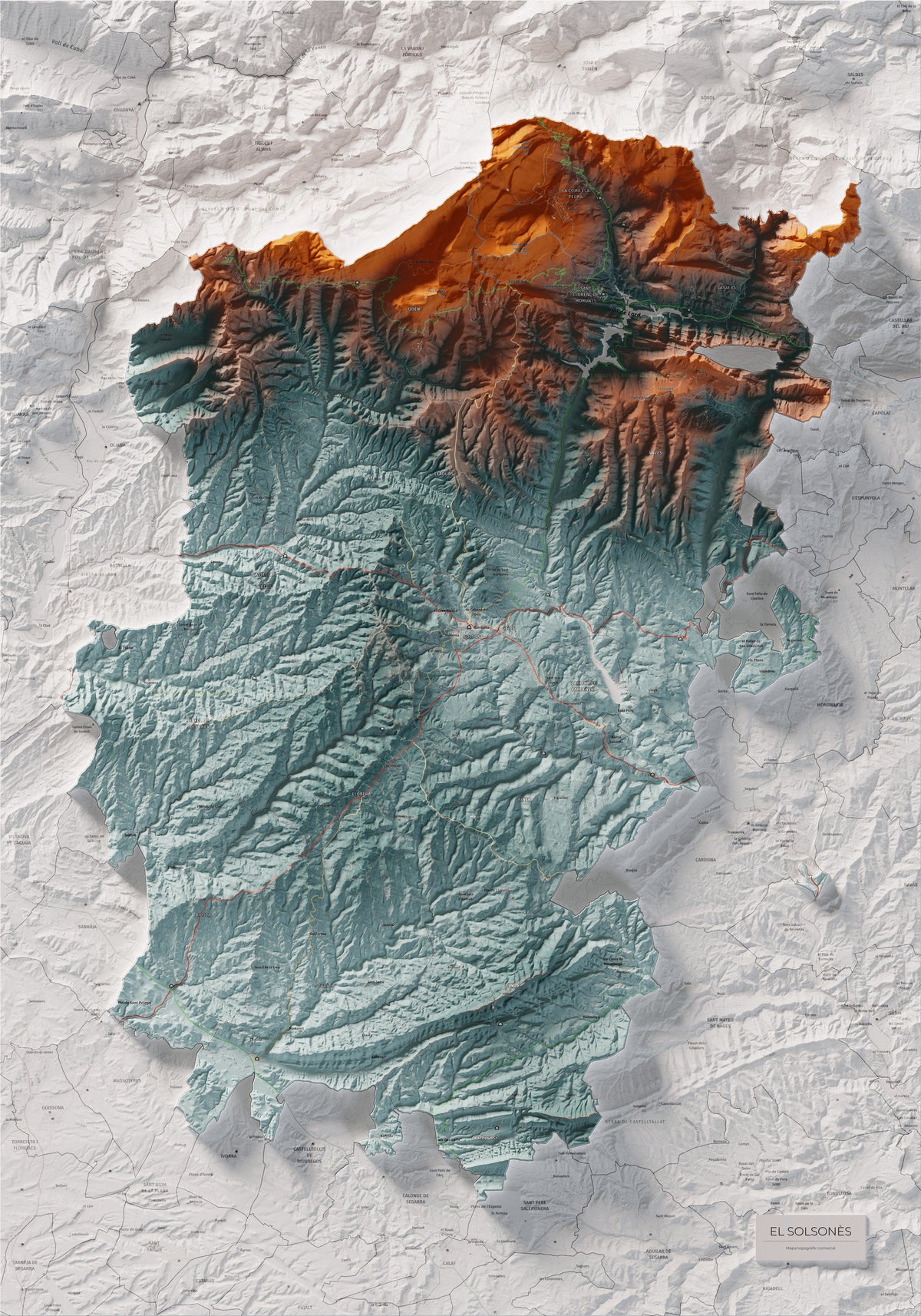 Mapa de relieve del Solsonès, con el territorio en color y el entorno en blanco. Vista completa de la lámina. 70 × 100 cm. Estilo Azul y naranja.