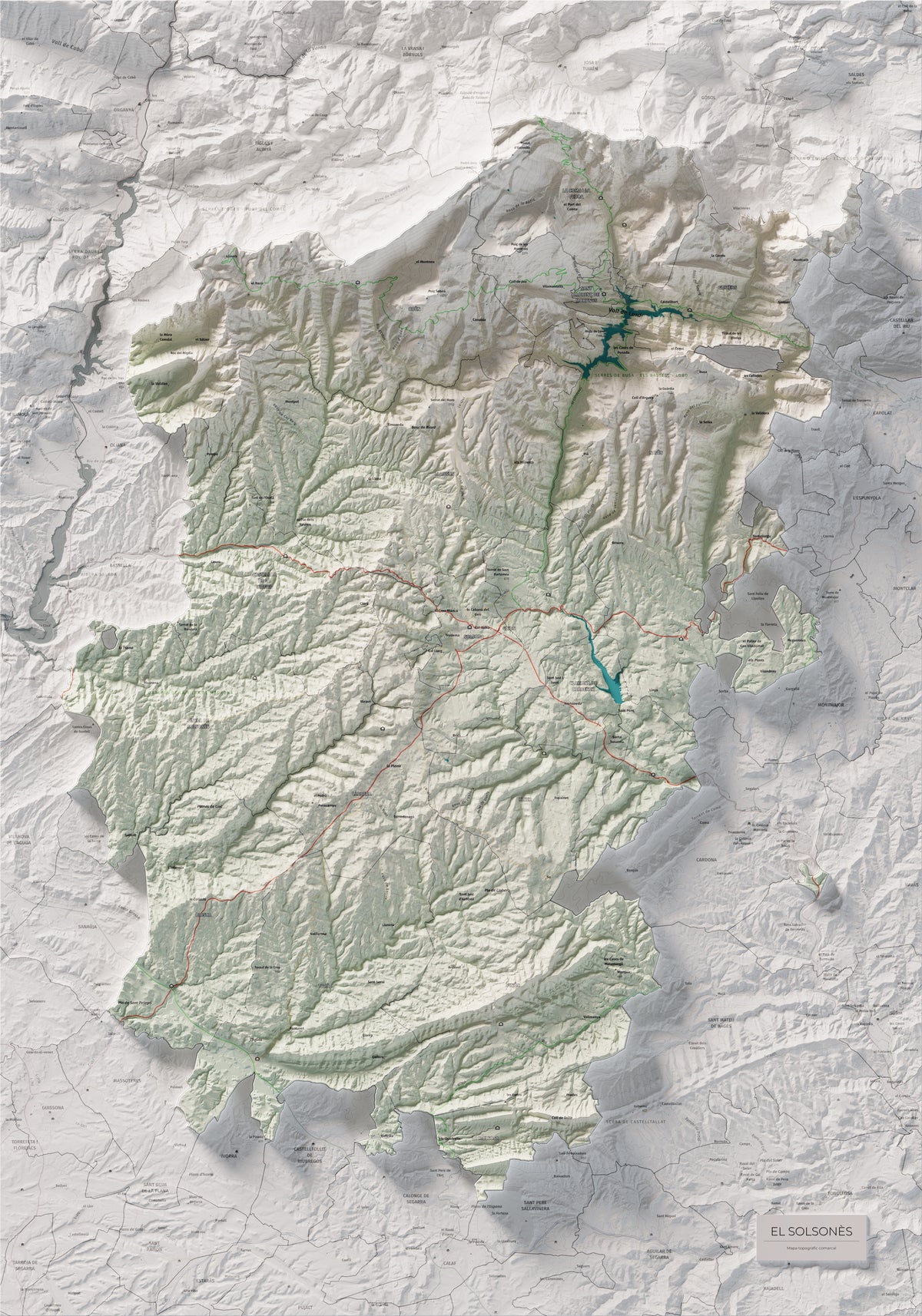 Mapa de relieve del Solsonès, con el territorio en color y el entorno en blanco. Vista completa de la lámina. 70 × 100 cm. Estilo Cartográfico.
