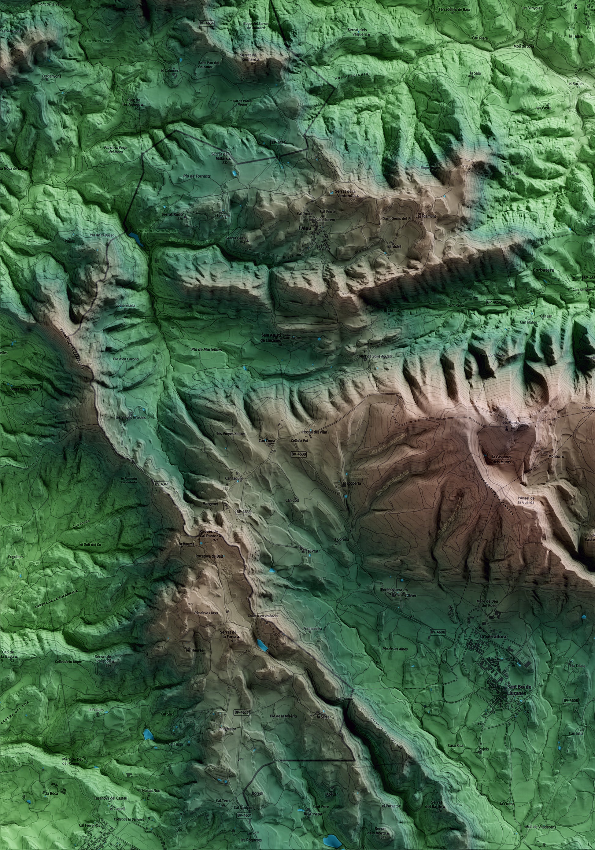 Mapa artístico del relieve de Sora, a Osona, con 15 km de entorno y base topográfica ICGC. Detalle de la zona inferior izquierda.
