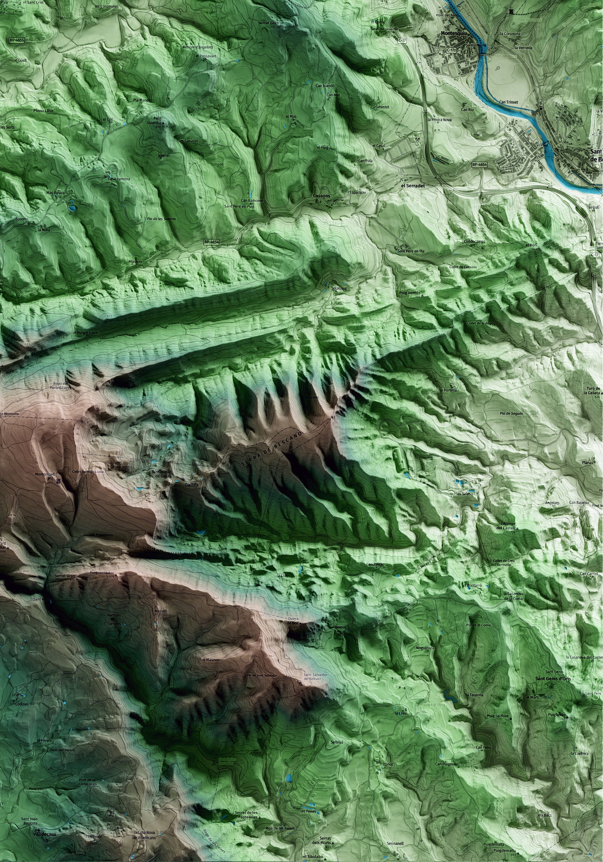 Mapa artístico del relieve de Sora, a Osona, con 15 km de entorno y base topográfica ICGC. Detalle de la zona inferior derecha.