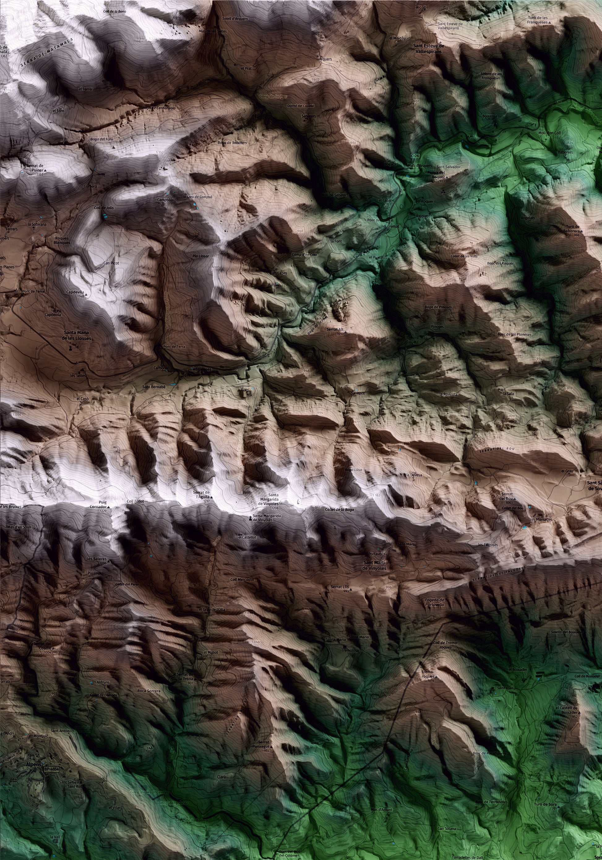 Mapa artístico del relieve de Sora, a Osona, con 15 km de entorno y base topográfica ICGC. Detalle de la zona superior izquierda.