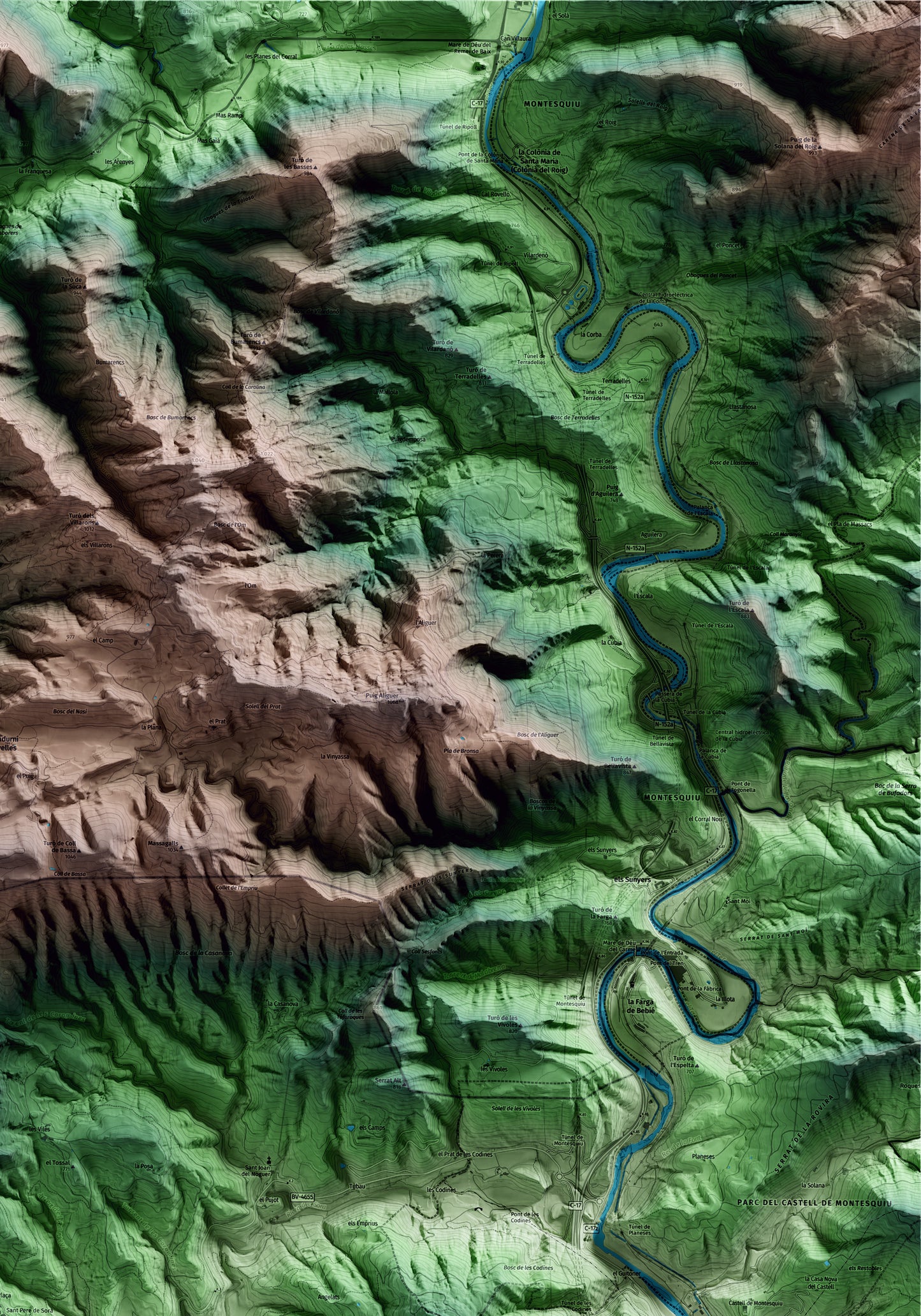 Mapa artístico del relieve de Sora, a Osona, con 15 km de entorno y base topográfica ICGC. Detalle de la zona superior derecha.