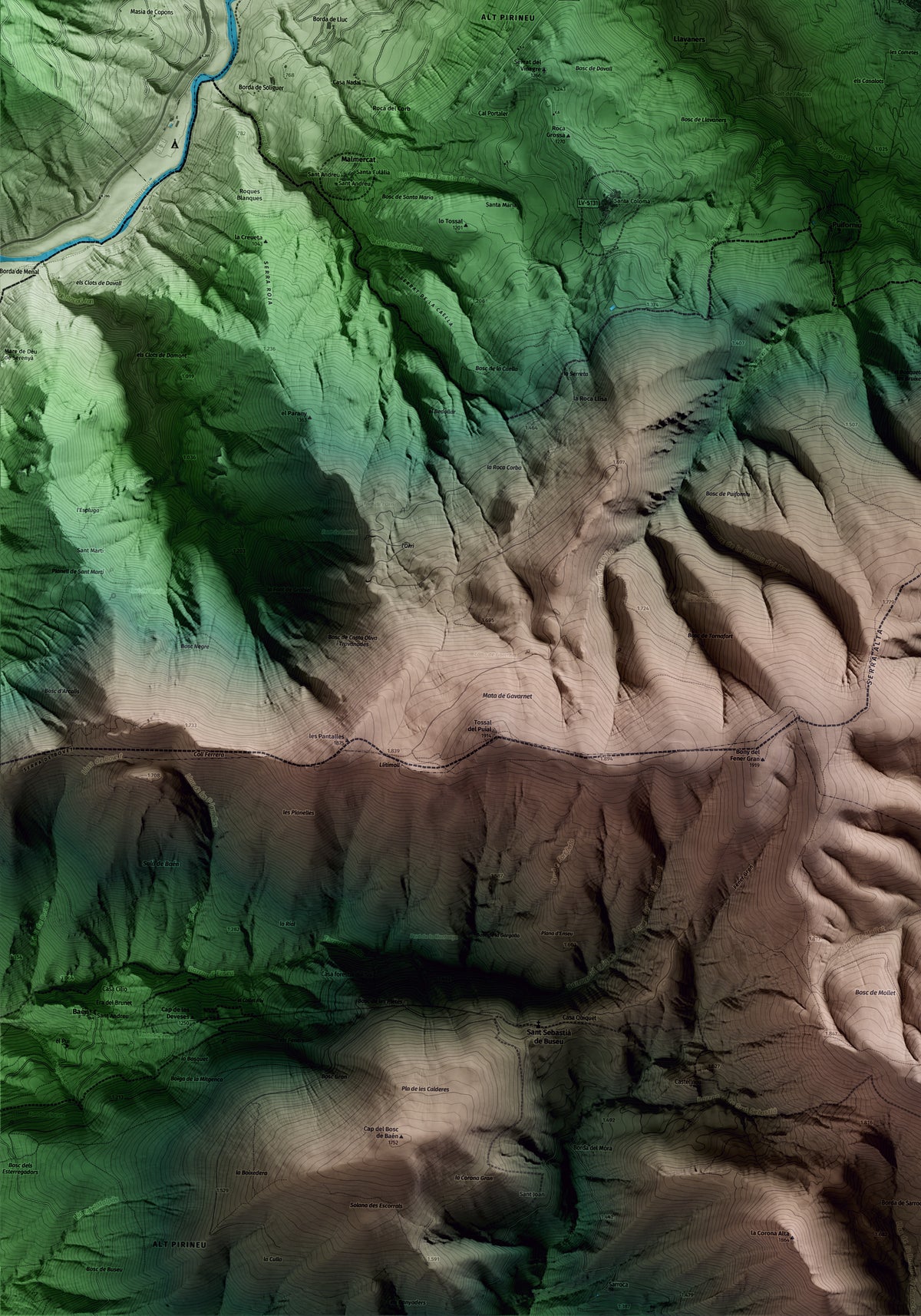 Mapa artístico del relieve de Soriguera, al Pallars Sobirà, con 15 km de entorno y base topográfica ICGC. Detalle de la zona inferior izquierda.