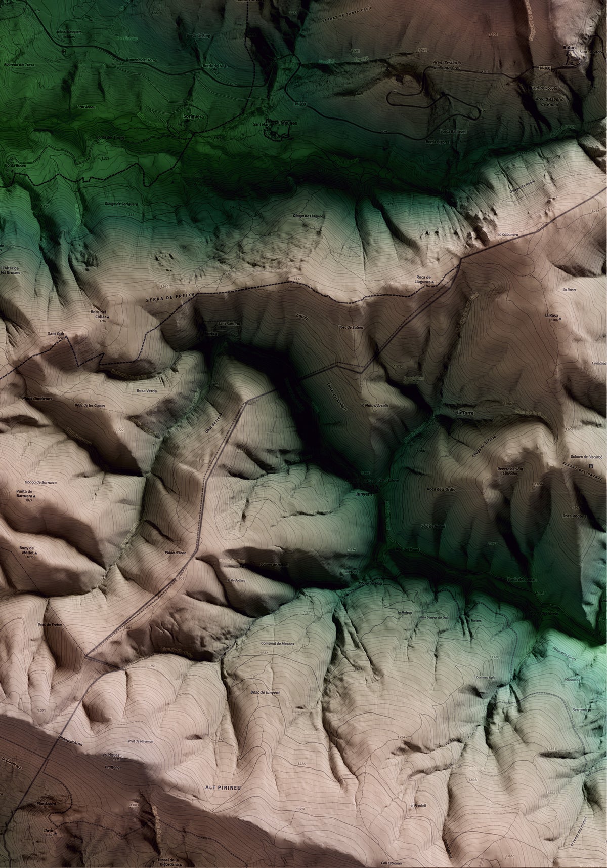 Mapa artístico del relieve de Soriguera, al Pallars Sobirà, con 15 km de entorno y base topográfica ICGC. Detalle de la zona inferior derecha.