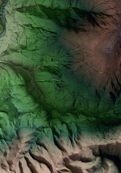 Mapa artístico del relieve de Soriguera, al Pallars Sobirà, con 15 km de entorno y base topográfica ICGC. Detalle de la zona central.