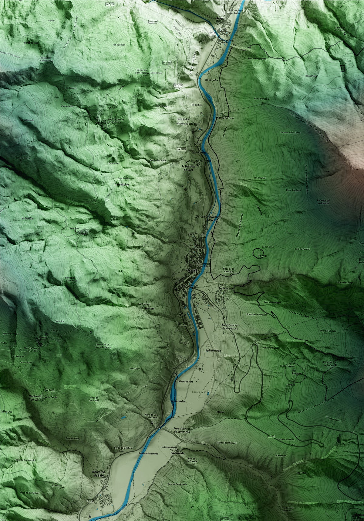 Mapa artístico del relieve de Soriguera, al Pallars Sobirà, con 15 km de entorno y base topográfica ICGC. Detalle de la zona superior izquierda.