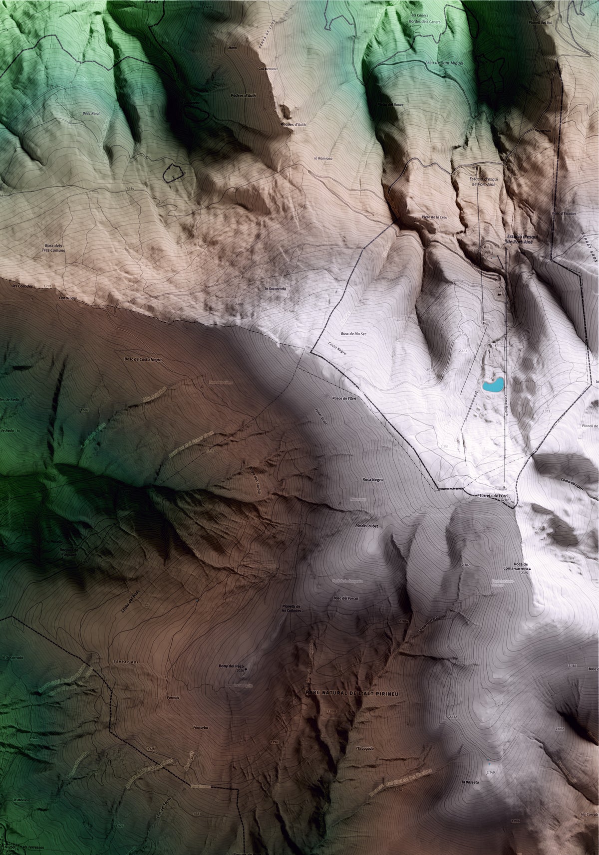 Mapa artístico del relieve de Soriguera, al Pallars Sobirà, con 15 km de entorno y base topográfica ICGC. Detalle de la zona superior derecha.