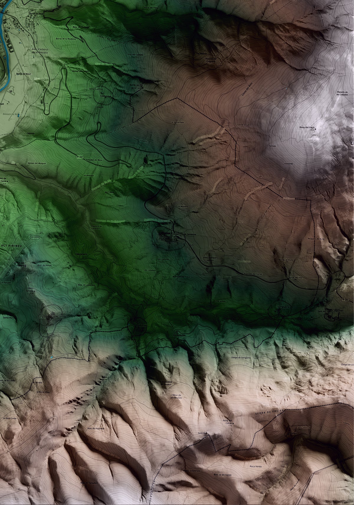 Mapa artístico del relieve de Sort, al Pallars Sobirà, con 15 km de entorno y base topográfica ICGC. Detalle de la zona inferior derecha.