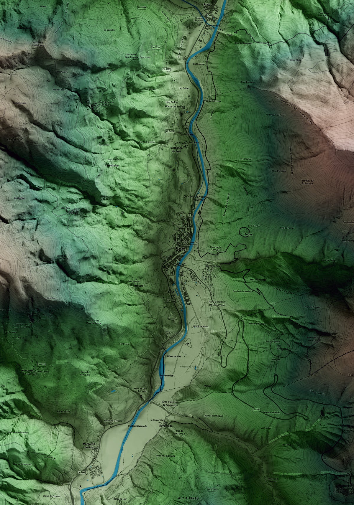Mapa artístico del relieve de Sort, al Pallars Sobirà, con 15 km de entorno y base topográfica ICGC. Detalle de la zona central.