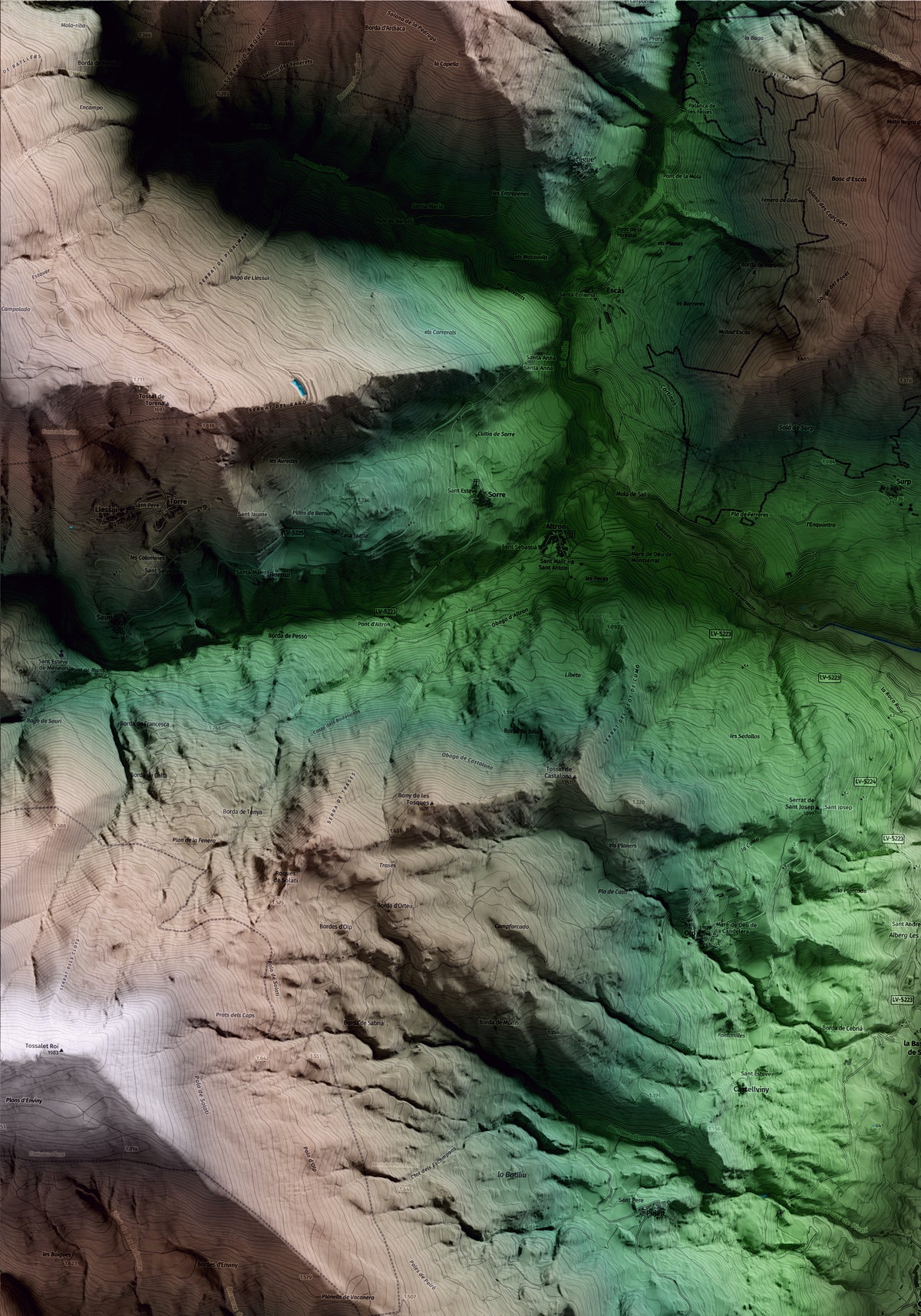 Mapa artístico del relieve de Sort, al Pallars Sobirà, con 15 km de entorno y base topográfica ICGC. Detalle de la zona superior izquierda.