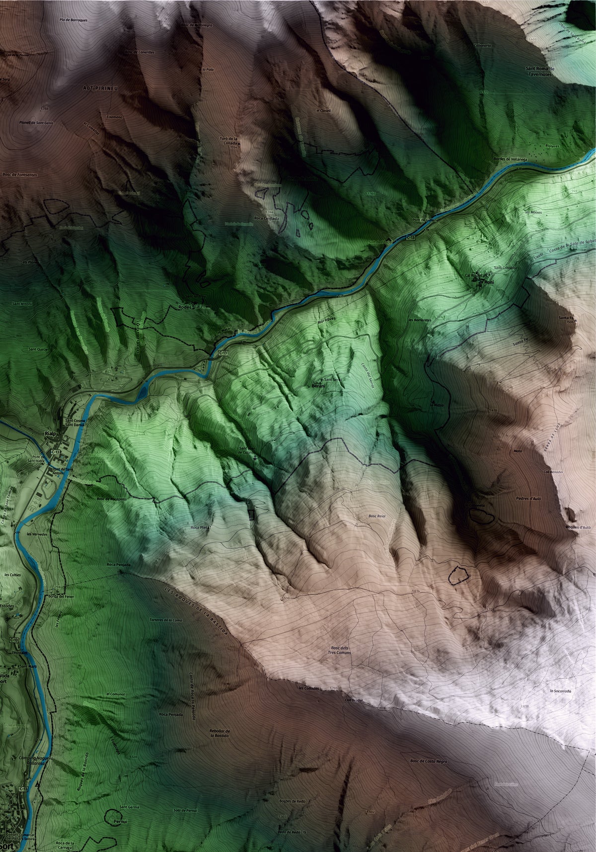 Mapa artístico del relieve de Sort, al Pallars Sobirà, con 15 km de entorno y base topográfica ICGC. Detalle de la zona superior derecha.