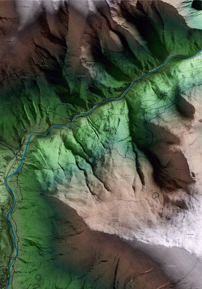 Mapa artístico del relieve de Sort, al Pallars Sobirà, con 15 km de entorno y base topográfica ICGC. Detalle de la zona superior derecha.