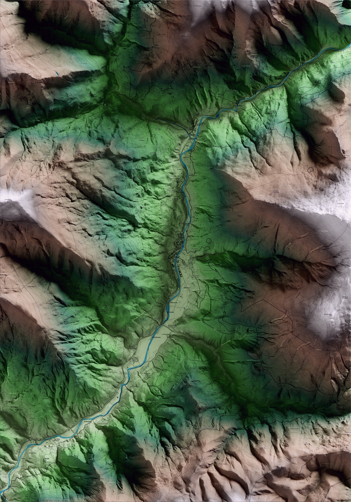 Mapa artístico del relieve de Sort, al Pallars Sobirà, con 15 km de entorno y base topográfica ICGC