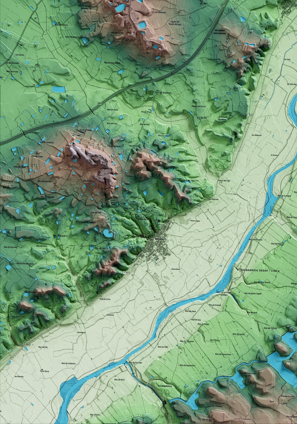 Mapa artístico del relieve de Soses, al Segrià, con 15 km de entorno y base topográfica ICGC. Detalle de la zona inferior izquierda.