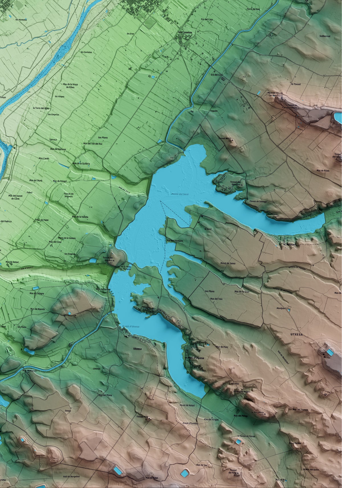 Mapa artístico del relieve de Soses, al Segrià, con 15 km de entorno y base topográfica ICGC. Detalle de la zona inferior derecha.