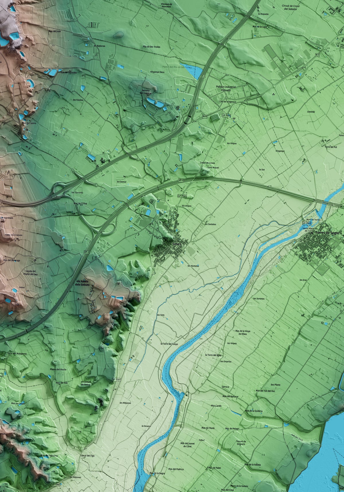 Mapa artístico del relieve de Soses, al Segrià, con 15 km de entorno y base topográfica ICGC. Detalle de la zona central.