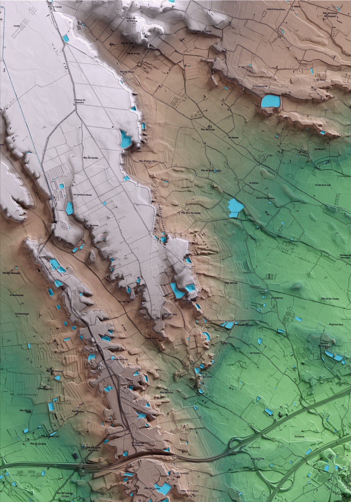 Mapa artístico del relieve de Soses, al Segrià, con 15 km de entorno y base topográfica ICGC. Detalle de la zona superior izquierda.