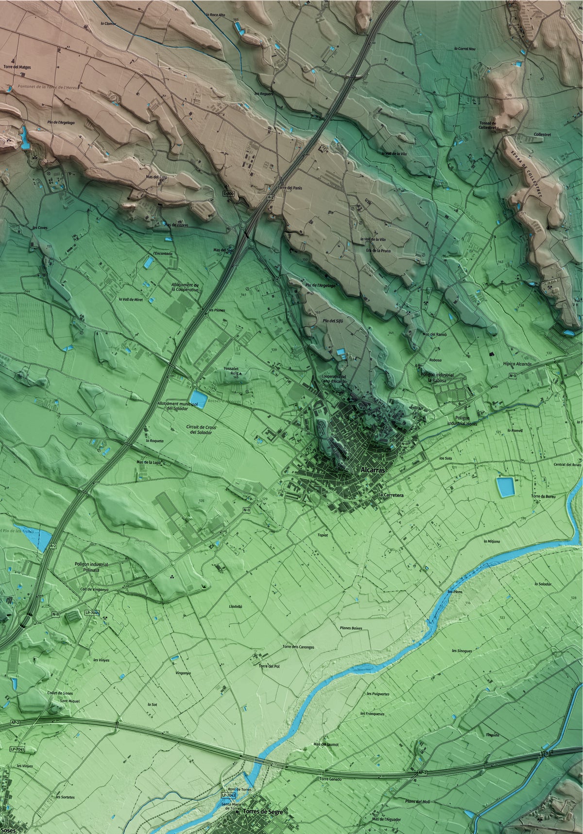 Mapa artístico del relieve de Soses, al Segrià, con 15 km de entorno y base topográfica ICGC. Detalle de la zona superior derecha.
