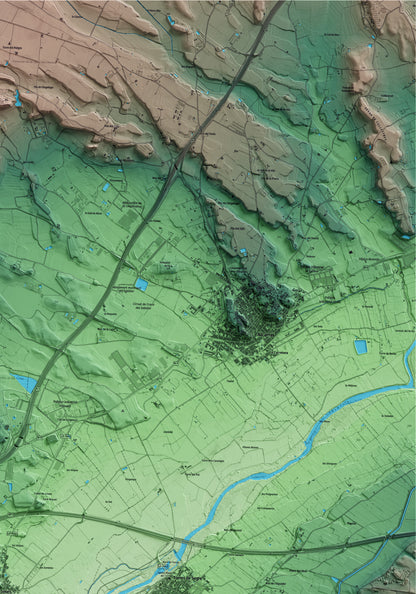 Mapa artístico del relieve de Soses, al Segrià, con 15 km de entorno y base topográfica ICGC. Detalle de la zona superior derecha.
