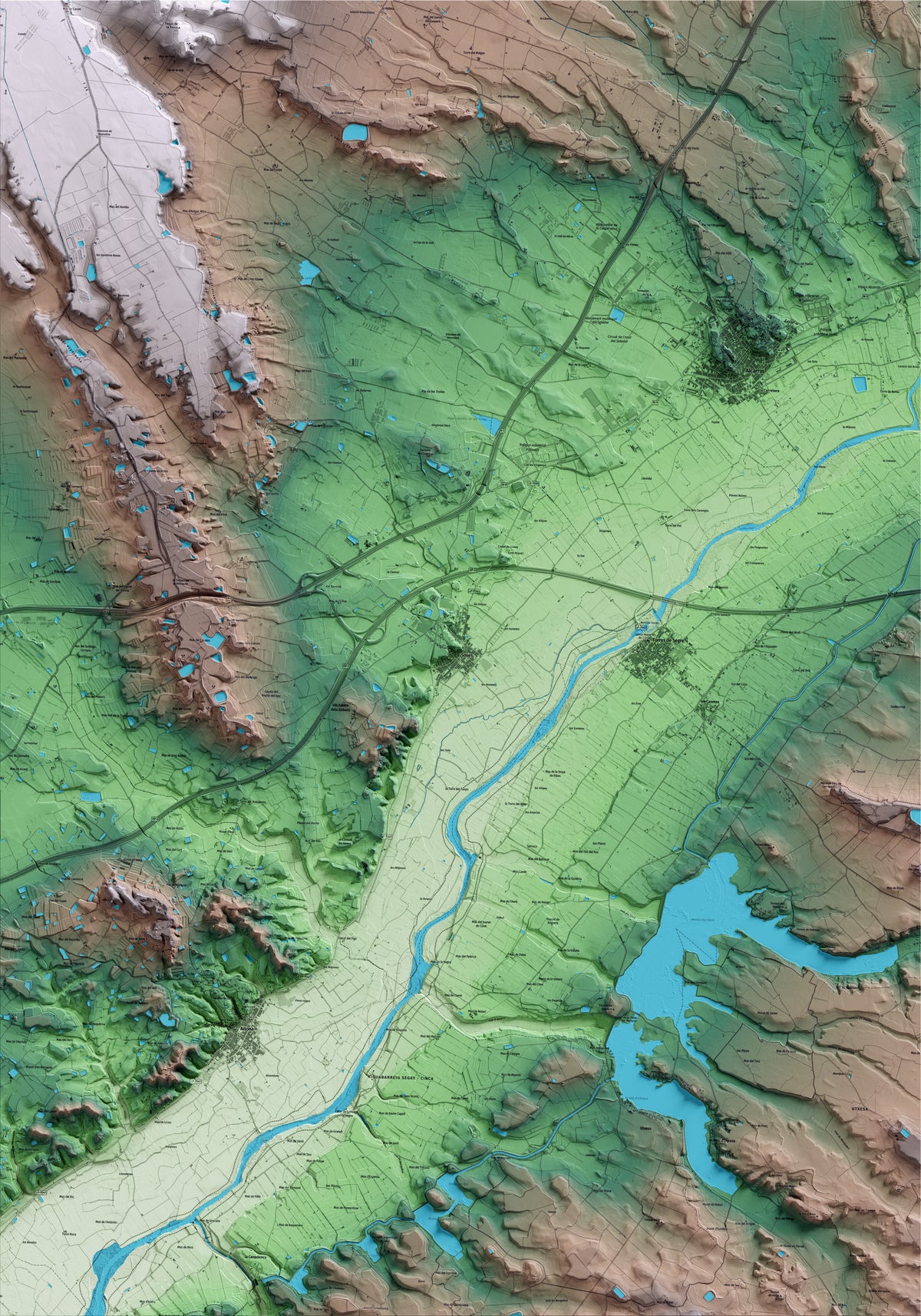 Mapa artístico del relieve de Soses, al Segrià, con 15 km de entorno y base topográfica ICGC