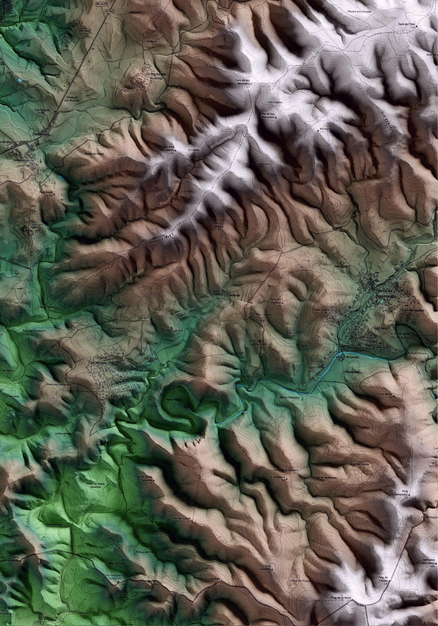 Mapa artístico del relieve de Subirats, al Alt Penedès, con 15 km de entorno y base topográfica ICGC. Detalle de la zona inferior derecha.