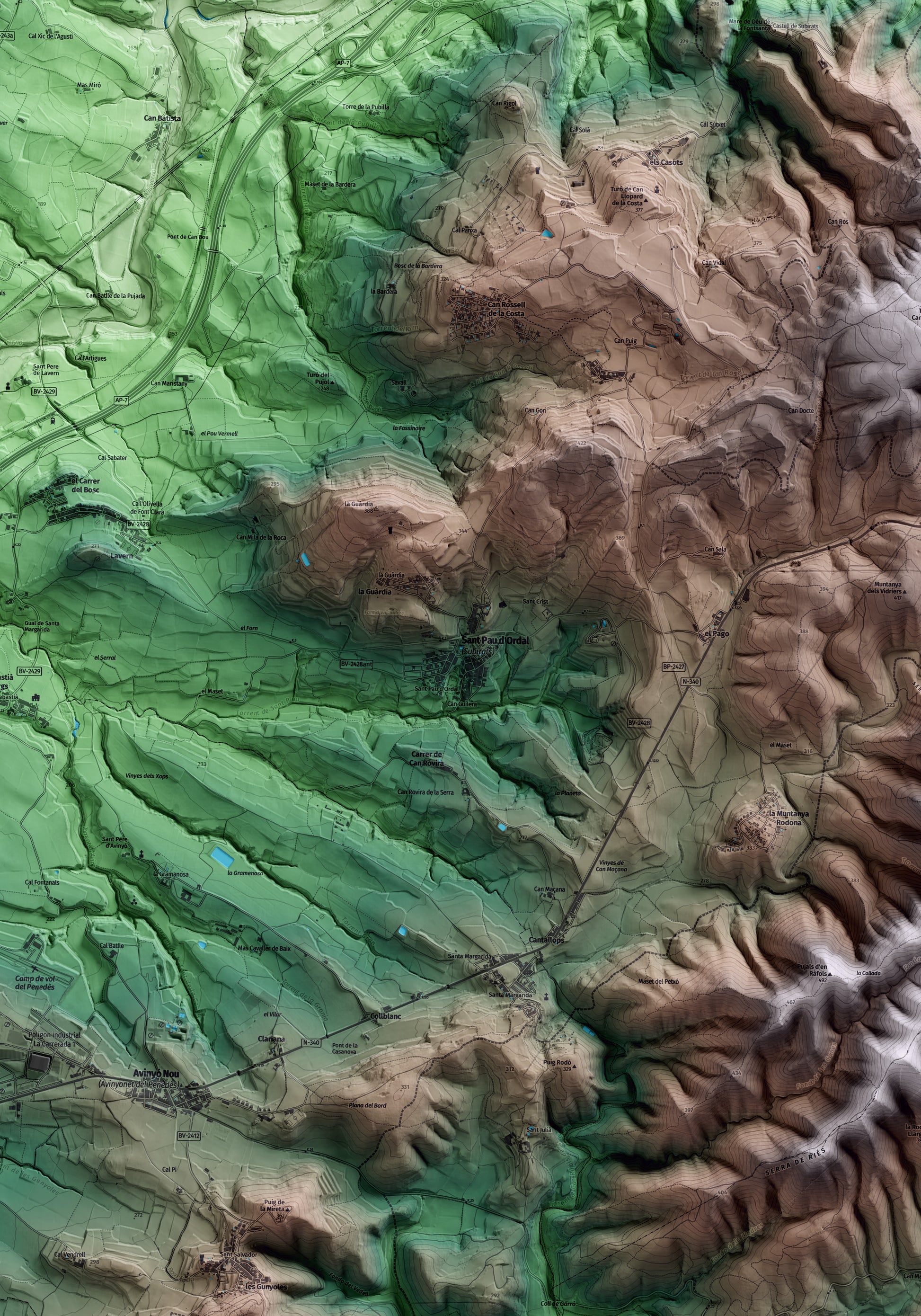 Mapa artístico del relieve de Subirats, al Alt Penedès, con 15 km de entorno y base topográfica ICGC. Detalle de la zona central.
