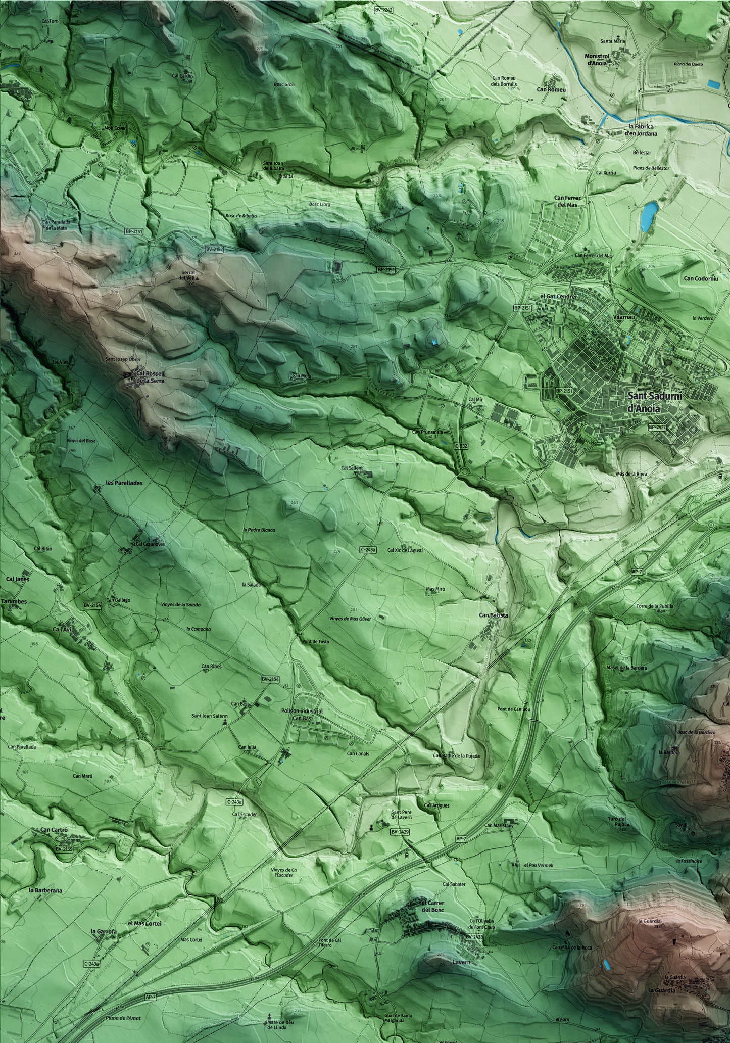 Mapa artístico del relieve de Subirats, al Alt Penedès, con 15 km de entorno y base topográfica ICGC. Detalle de la zona superior izquierda.