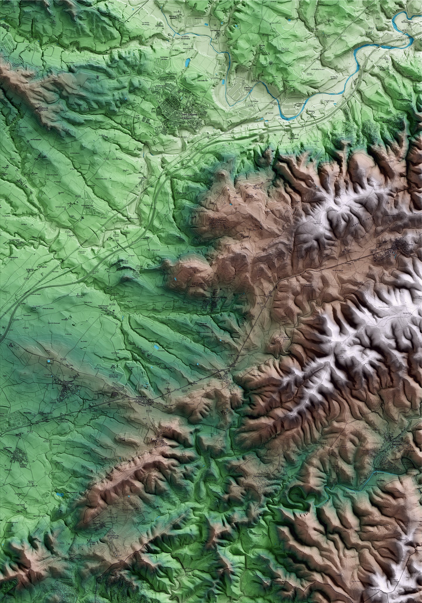 Mapa artístico del relieve de Subirats, al Alt Penedès, con 15 km de entorno y base topográfica ICGC