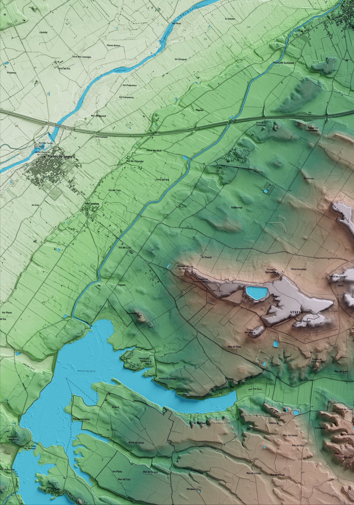 Mapa artístico del relieve de Sudanell, al Segrià, con 15 km de entorno y base topográfica ICGC. Detalle de la zona inferior izquierda.