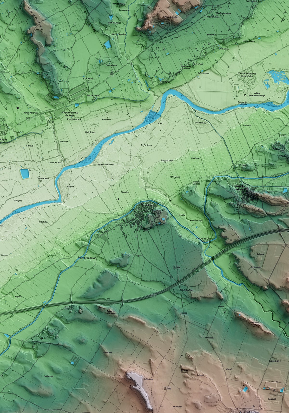 Mapa artístico del relieve de Sudanell, al Segrià, con 15 km de entorno y base topográfica ICGC. Detalle de la zona central.