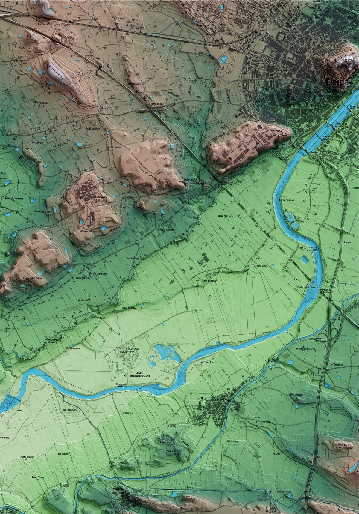 Mapa artístico del relieve de Sudanell, al Segrià, con 15 km de entorno y base topográfica ICGC. Detalle de la zona superior derecha.