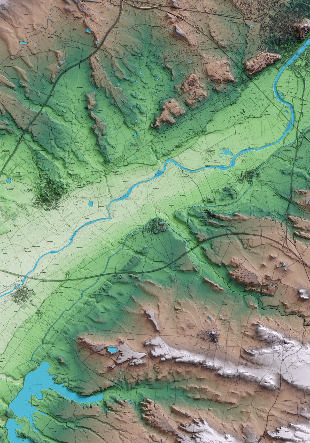 Mapa artístico del relieve de Sudanell, al Segrià, con 15 km de entorno y base topográfica ICGC
