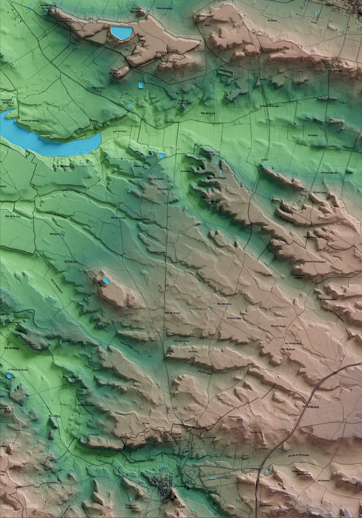 Mapa artístico del relieve de Sunyer, al Segrià, con 15 km de entorno y base topográfica ICGC. Detalle de la zona inferior izquierda.