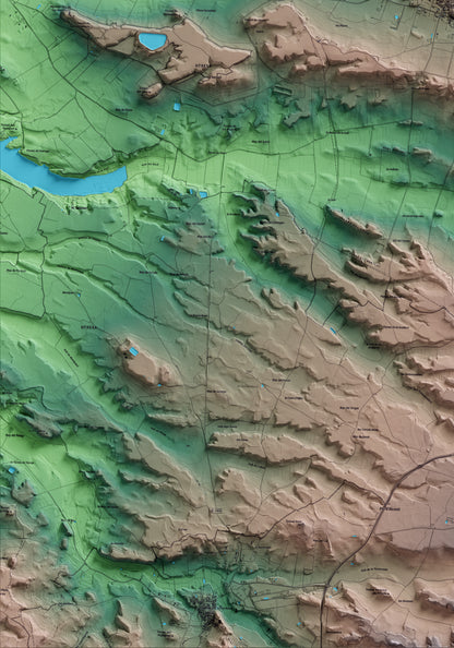 Mapa artístico del relieve de Sunyer, al Segrià, con 15 km de entorno y base topográfica ICGC. Detalle de la zona inferior izquierda.