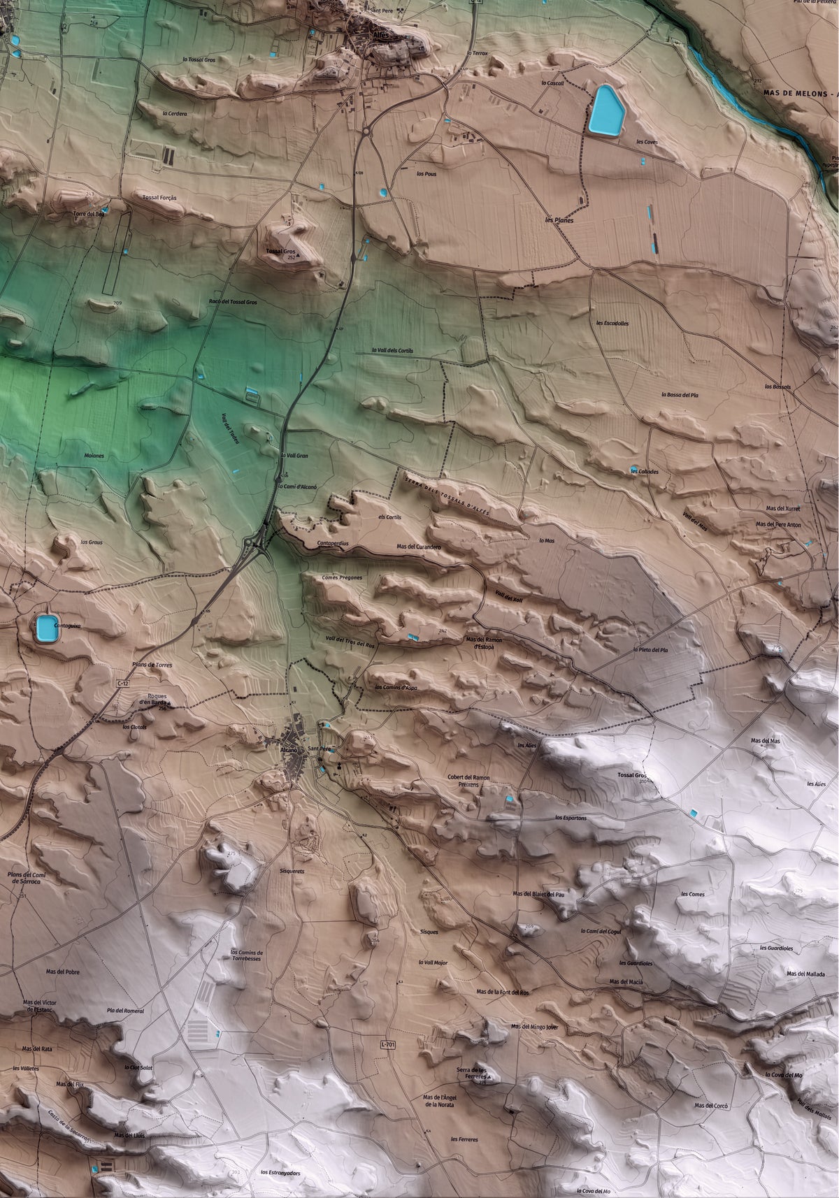 Mapa artístico del relieve de Sunyer, al Segrià, con 15 km de entorno y base topográfica ICGC. Detalle de la zona inferior derecha.