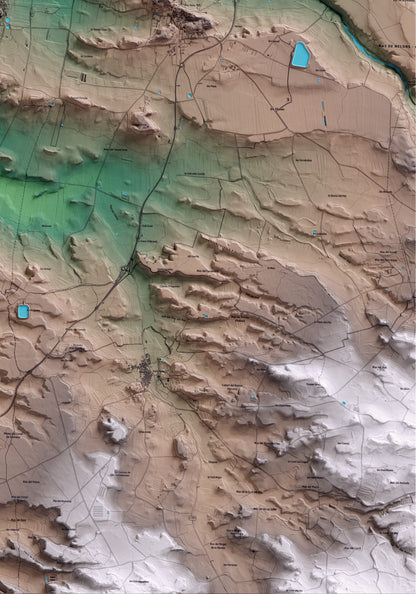 Mapa artístico del relieve de Sunyer, al Segrià, con 15 km de entorno y base topográfica ICGC. Detalle de la zona inferior derecha.
