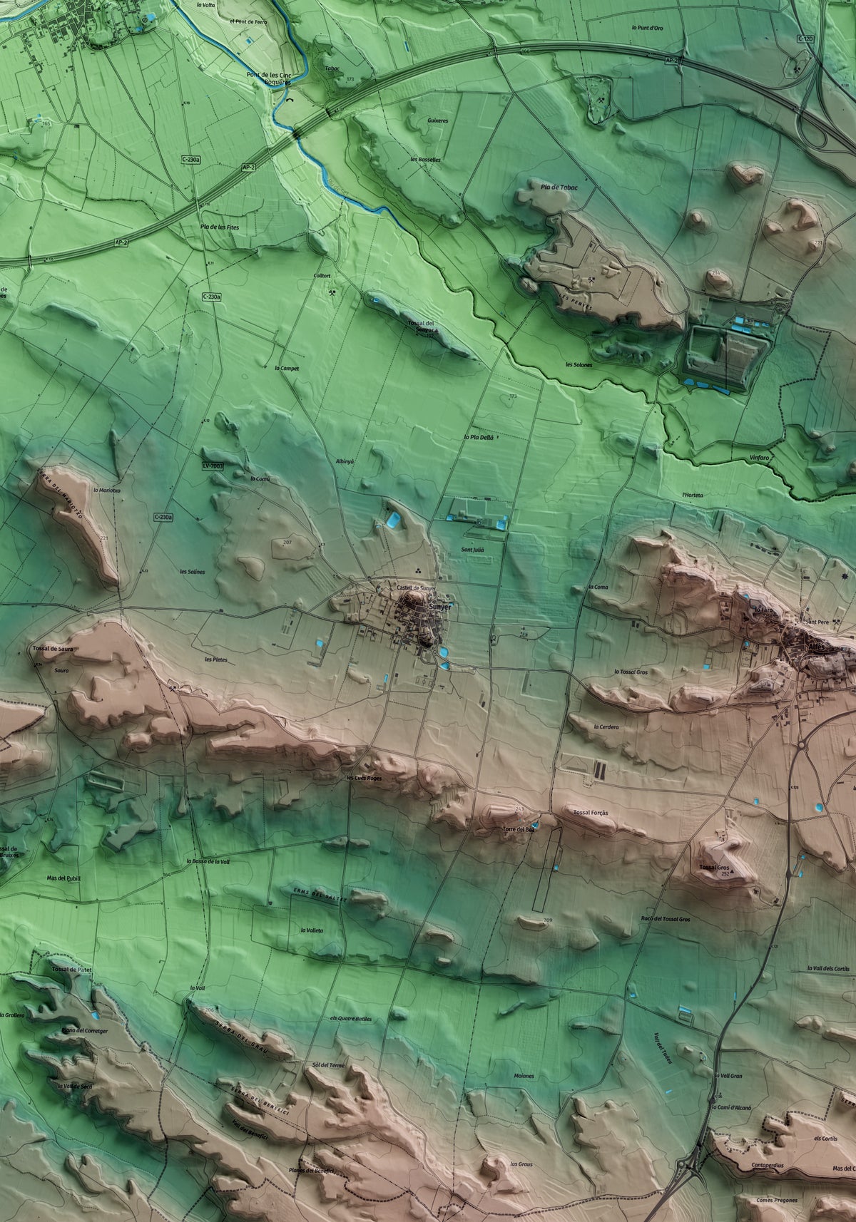 Mapa artístico del relieve de Sunyer, al Segrià, con 15 km de entorno y base topográfica ICGC. Detalle de la zona central.