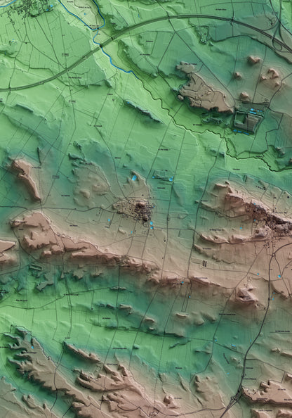 Mapa artístico del relieve de Sunyer, al Segrià, con 15 km de entorno y base topográfica ICGC. Detalle de la zona central.