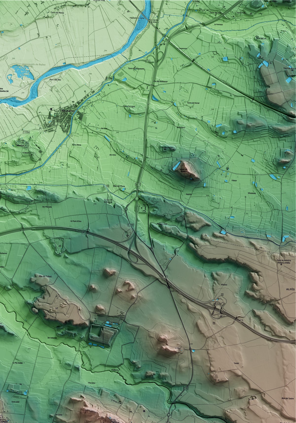 Mapa artístico del relieve de Sunyer, al Segrià, con 15 km de entorno y base topográfica ICGC. Detalle de la zona superior derecha.