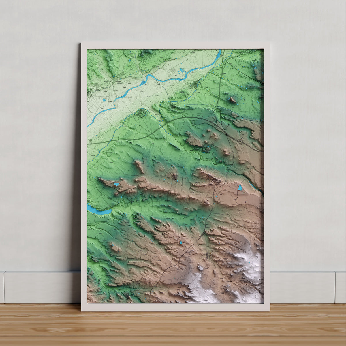 Mapa artístico del relieve de Sunyer, al Segrià, con 15 km de entorno y base topográfica ICGC. Presentación enmarcada.