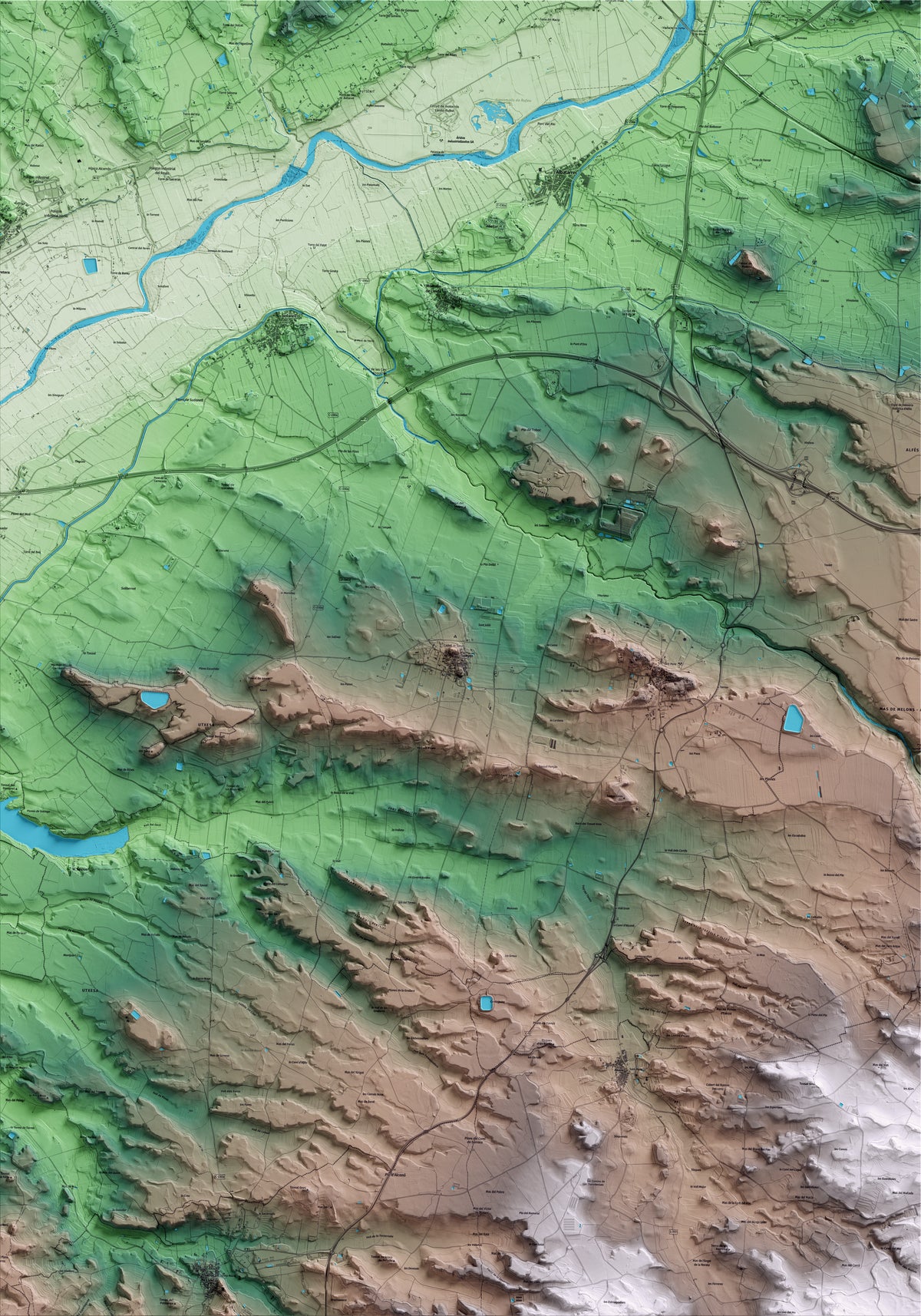 Mapa artístico del relieve de Sunyer, al Segrià, con 15 km de entorno y base topográfica ICGC