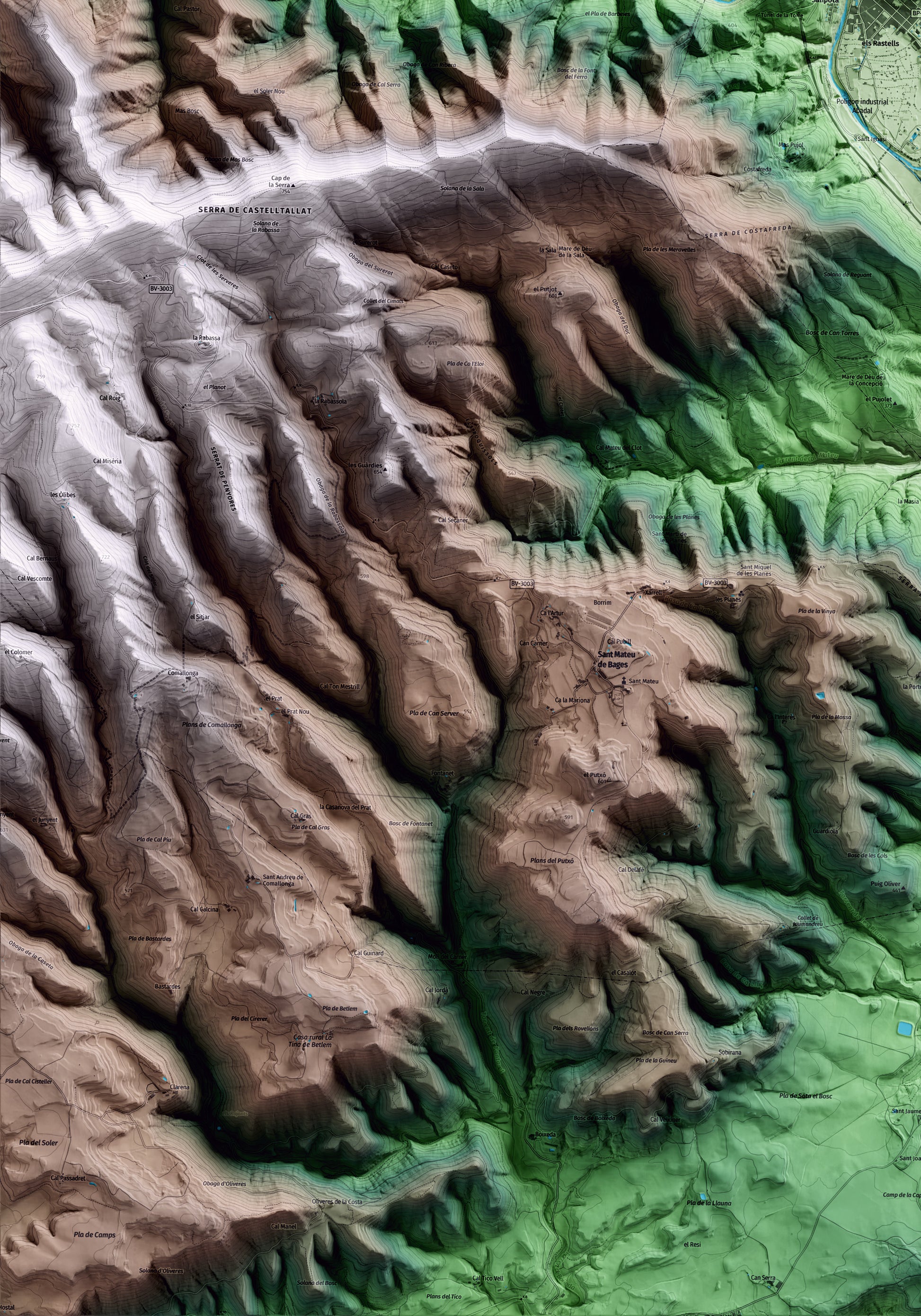 Mapa artístico del relieve de Súria, al Bages, con 15 km de entorno y base topográfica ICGC. Detalle de la zona inferior izquierda.
