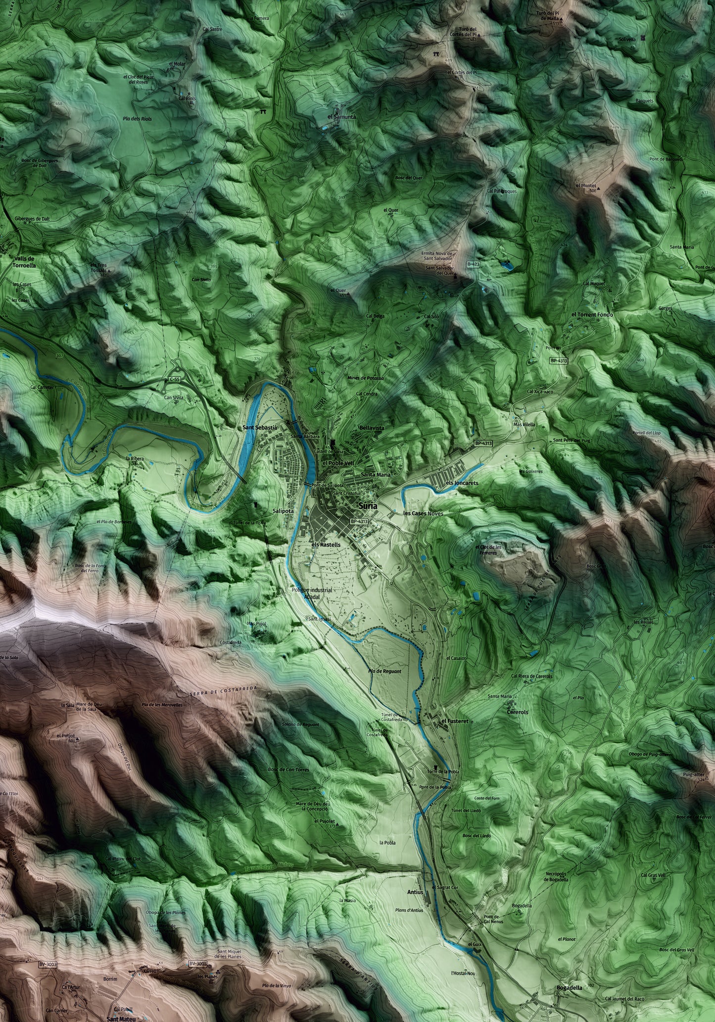 Mapa artístico del relieve de Súria, al Bages, con 15 km de entorno y base topográfica ICGC. Detalle de la zona central.