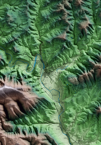 Mapa artístico del relieve de Súria, al Bages, con 15 km de entorno y base topográfica ICGC. Detalle de la zona central.
