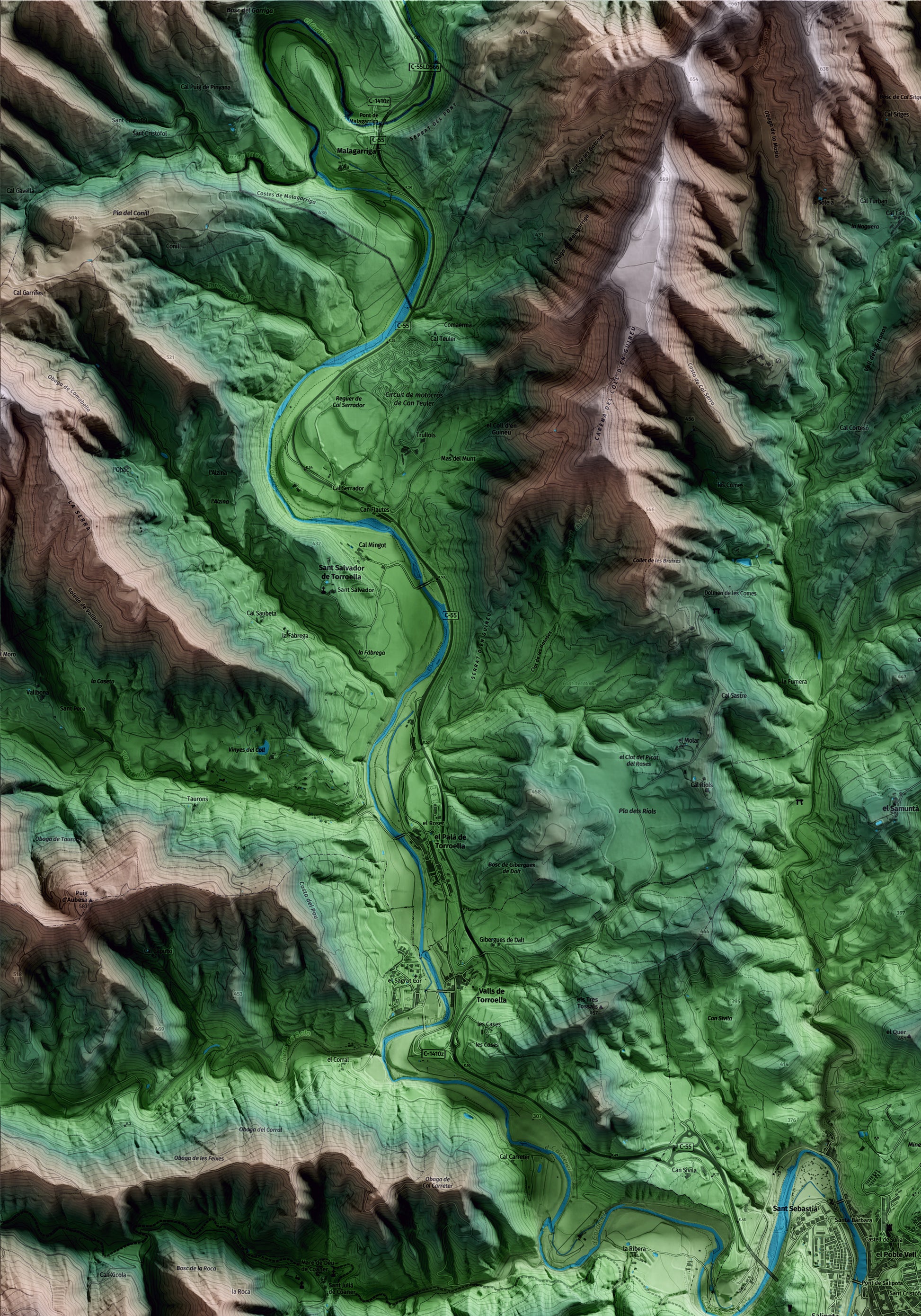 Mapa artístico del relieve de Súria, al Bages, con 15 km de entorno y base topográfica ICGC. Detalle de la zona superior izquierda.
