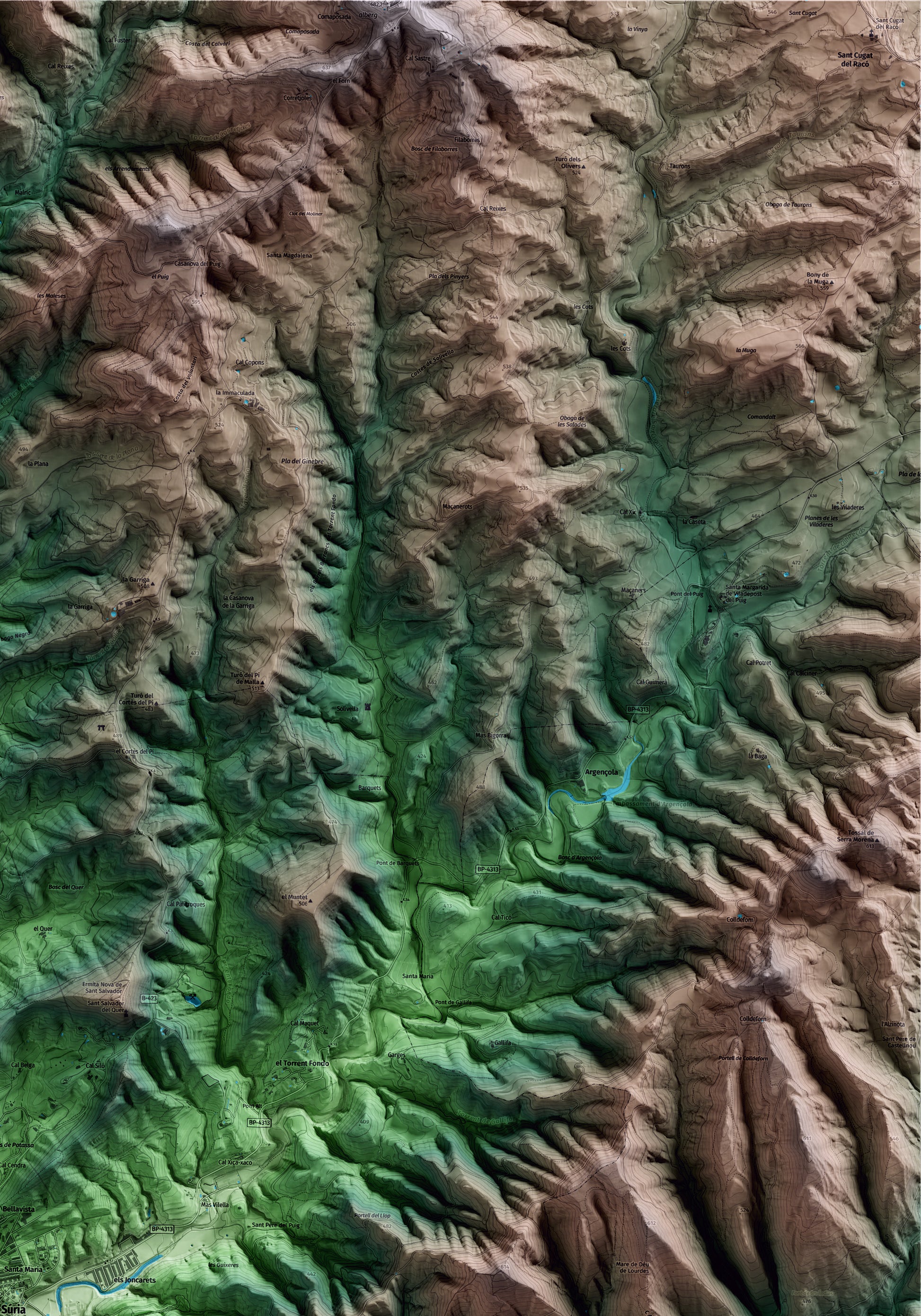 Mapa artístico del relieve de Súria, al Bages, con 15 km de entorno y base topográfica ICGC. Detalle de la zona superior derecha.